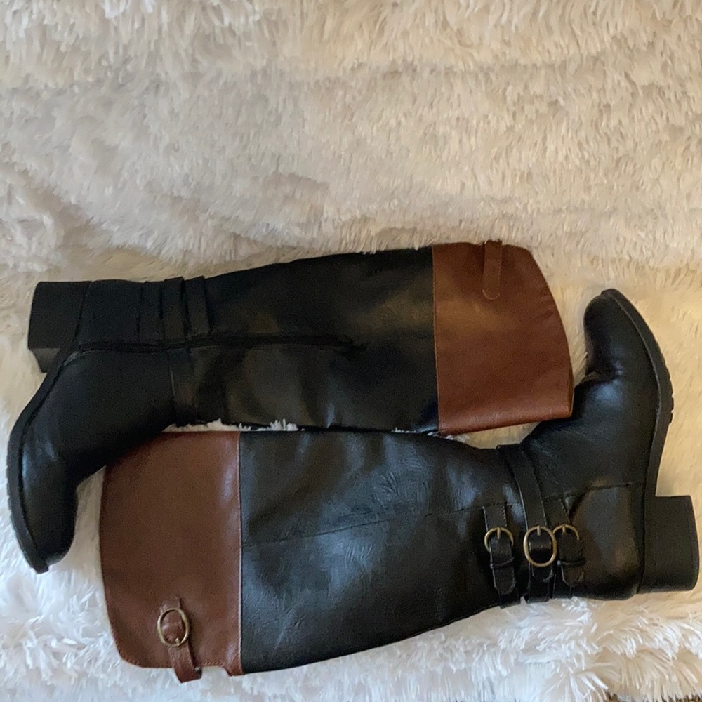 Women’s Two-Tone Black and Brown Heeled Riding Boots